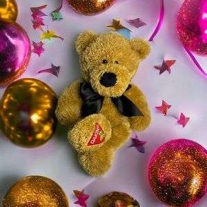 Dankin Teddy Bear Plush Brown Stuffed Animal Black Bow 14” Red Logo Patch Foot